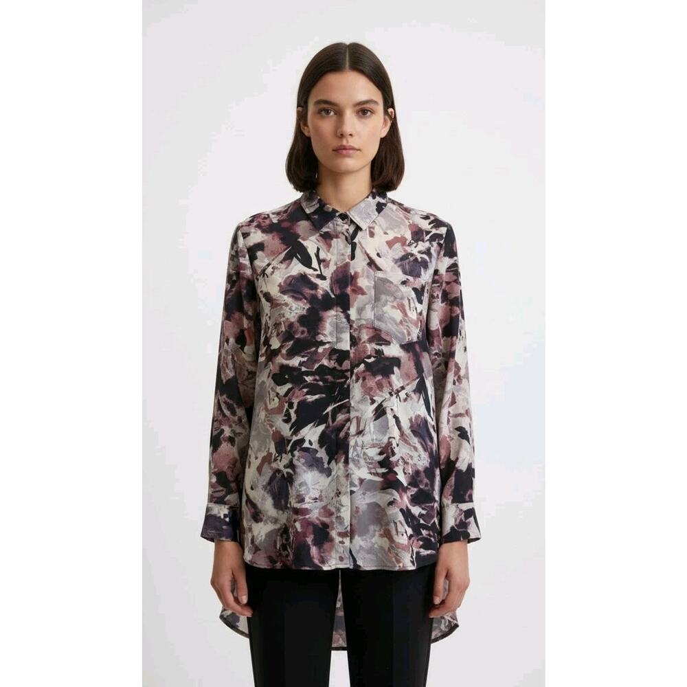 SIMPLY VERA WANG Women's Blouse Top Purple Abstract Roll Tab Sleeve Button Sz L